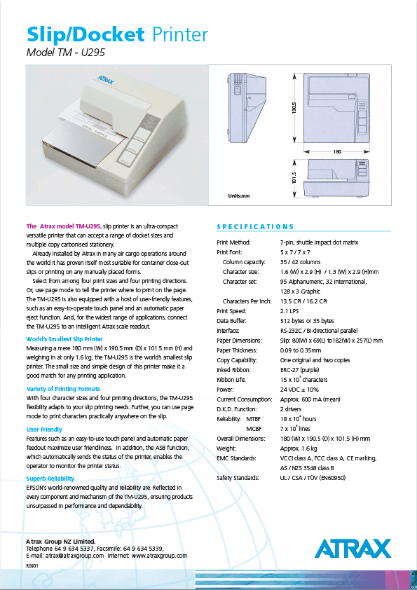 Atrax Model TM-U295 Slip/Docket Printer Data Sheet