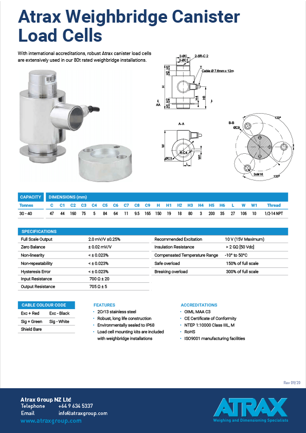 Atrax Weighbridge Canister Load Cells Data Sheet